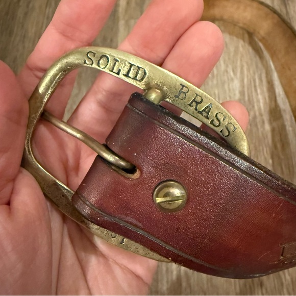 Vintage Leather Belt Hand Tooled Solid Brass Buckle Floral Western Boho Wide M\L - Picture 3 of 6